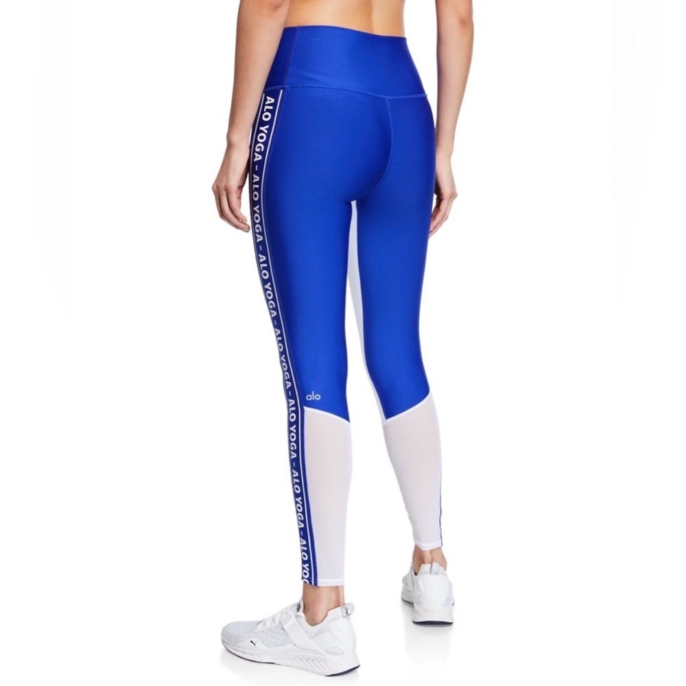 ALO YOGA High Waist Blue White Logo Colorblock Trainer Leggings Size Medium
